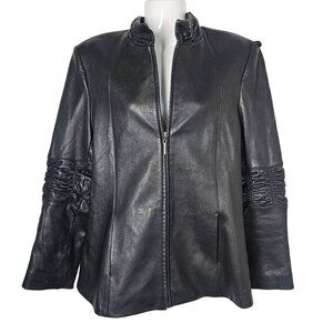 Y2K Kasper Womens Black Leather Sleek Jacket Zip Front Ruched‎ Lined Vintage M
